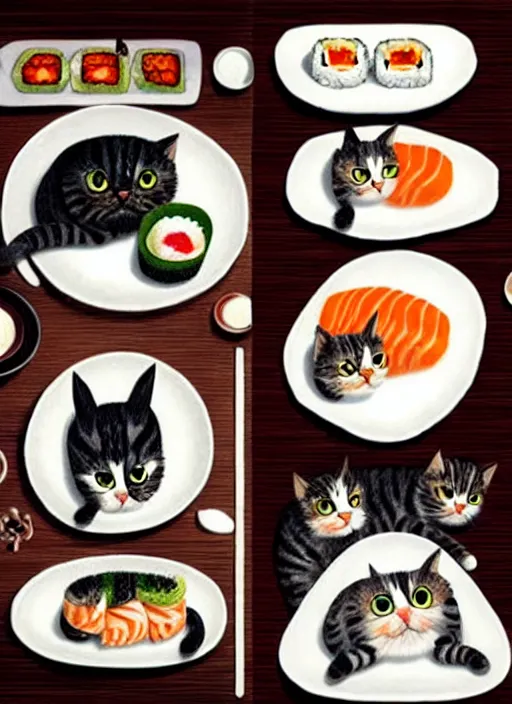 Image similar to clear photorealistic picture of adorable cats made out of sushi