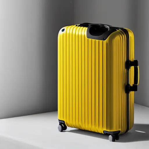 Image similar to yellow coffee mug made of rimowa aluminium suitcase, full of steaming coffee