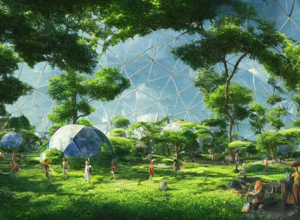 Prompt: digital art of a geodesic dome among a green and lush solarpunk village by hayao miyazaki, geodesic dome, matte painting concept art detailed ultra-wide angle lens, wide angle lens realistic lighting spring colors