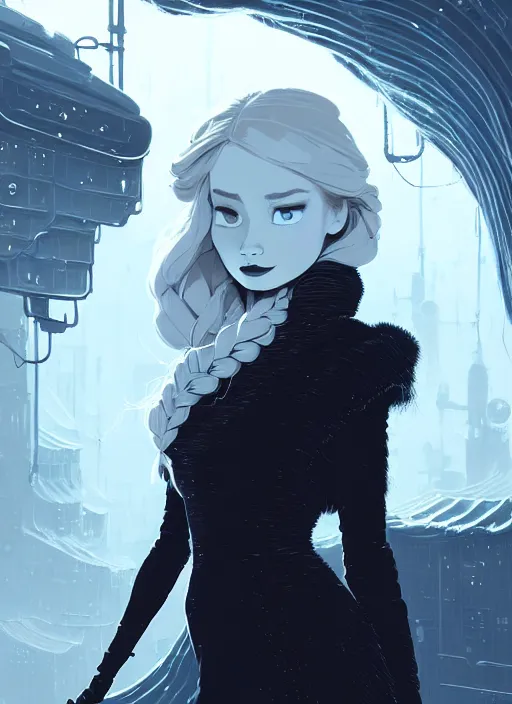 Prompt: highly detailed portrait of a hopeful frostpunk long blonde hair lady with curvy short black dress, stray wiring by atey ghailan, james gilleard, by joe fenton, by greg rutkowski, by greg tocchini, by kaethe butcher, 4 k resolution, gradient blue, black and white color scheme!!! ( ( frozen robotic dystopian city background ) )