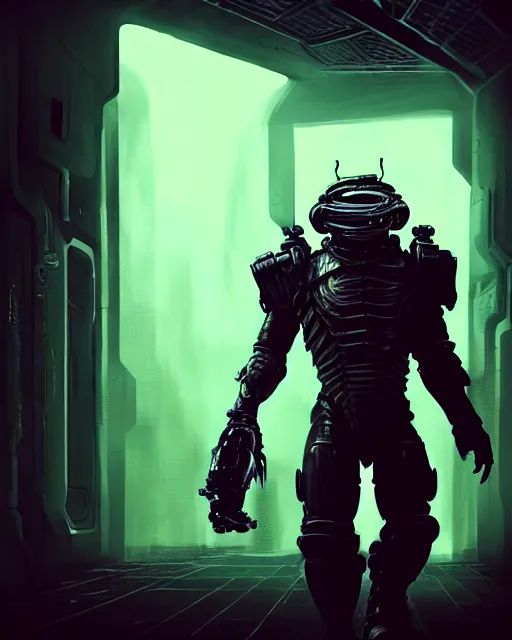 Image similar to Sci-Fi Crocodile alien, armored, big, art by Kashin, Wadim, Martinière, Stephan, holding rifle, sharp focus, pitch black cursed evil Spaceship hallway, dark light, soft purple glow, heroic pose, sci-fi artwork, octane render, dead space artwork, cyberpunk, warm light, occult, magical, volumetric lighting, 8k high definition, highly detailed, trending on art Station, centered, by Greg Rutkovski, sci-fi artwork, arnold render