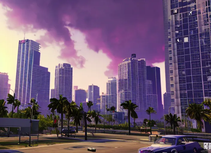 Image similar to still next - gen ps 5 game grand theft auto 6 2 0 2 4 remaster, graphics mods, rain, red sunset, people, rtx reflections, gta vi, miami, palms and miami buildings, photorealistic screenshot, unreal engine, 4 k, 5 0 mm bokeh, close - up 9 f cabrio!, gta vice city remastered, artstation