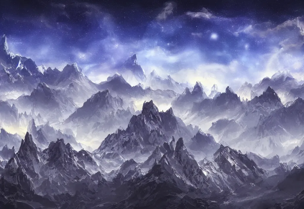 Prompt: huge mountain dragons wyverns fantasy alps background night sky in the style of Chris Achilleos