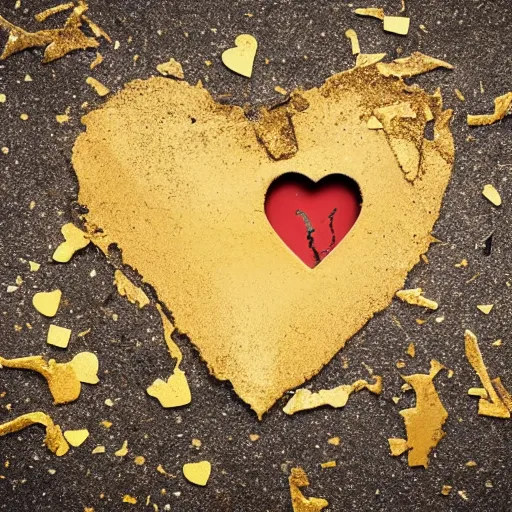 Image similar to heart made of gold smashed on the ground and broken into pieces