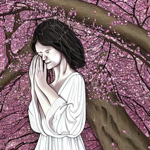 Image similar to a crying woman in a white gown kneeling at a beautiful shrine under a cherry blossom tree, rainy wet, ultradetailed, hd 8 k, illustration, aaron horkey