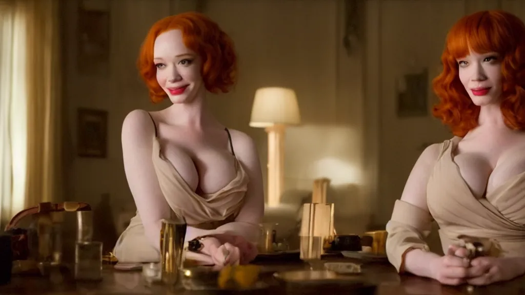 Image similar to a very happy beautiful Christina Hendricks in the living room, film still from the movie directed by Denis Villeneuve with art direction by Salvador Dalí, wide lens