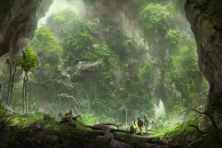 Prompt: prespective of deep natural cave with lush vegetation and alien trees, victorian green house, rock and wood bridge, kid and mad scientist walking, giant video screens, sci - fi, retrofuturism, concept art, drawing, clean line, diesel punk, artstation