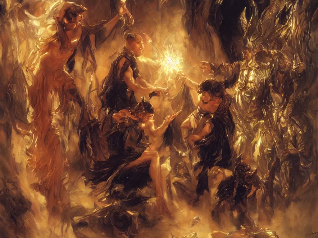 Prompt: attractive magician casts dark spell, summoning attractive lucifer morningstar. highly detailed painting by gaston bussiere, craig mullins, j. c. leyendecker 8 k