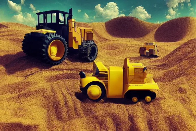 Image similar to “child driving a yellow bulldozer pushing a giant pile of dirt, wide angle, perspective, digital art, beeple, trending on ArtStation”