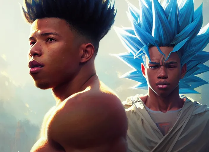 Image similar to highly detailed portrait of saquon barkley going super saiyan, unreal engine, fantasy art by greg rutkowski, loish, rhads, ferdinand knab, makoto shinkai and lois van baarle, ilya kuvshinov, rossdraws, tom bagshaw, global illumination, radiant light, detailed and intricate environment