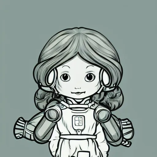 Image similar to clean simple line art of a cute little girl with a short brown wavy curly hair. she is dressed as an astronaut. no background. well composed, clean coloring book page, beautiful detailed face. coloring book line art by artgerm and greg rutkowski and johanna basford and alphonse mucha