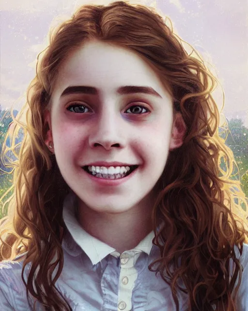 Prompt: close up portrait of 1 5 - year - old girl, smile with large front teeth, hermione granger, very bushy brown hair, and very bright brown eyes, wearing white shirt, hyper realistic face, beautiful eyes, close up, fantasy art, in the style of greg rutkowski, intricate, alphonse mucha, hyper detailed, smooth