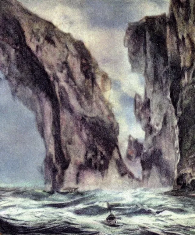 Image similar to photorealistic mixed - media painting of a 1 9 2 5 seiner sailing near a short tropical cliff with the mouth of a sea cave at the waterline, dark, brooding, atmospheric, lovecraft, horror, smooth, epic, highly detailed, cinematic, by emily carr