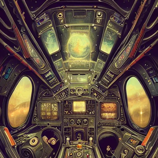 Prompt: intricate detailed victorian goth interior of a vintage 1 9 7 0 s spaceship cockpit by peter mohrbacher and dan mumford, cgsociety