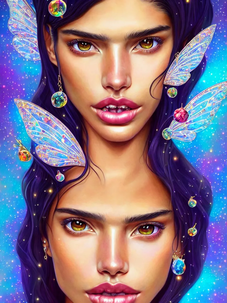 Prompt: fantastic portrait of sara sampaio with some shinny star, cloak, royally decorated crystal gemstones, symmetrical face, 3 d render, portrait, cute, fairy, by artgerm, kelly mckernan, detailed background, artstation, intricate, elegant, highly detailed, colorful, maximalist