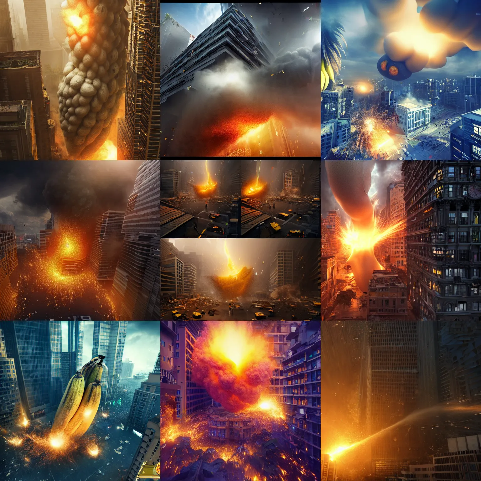 Image similar to news camera footage of giant bananas falling into and exploding buildings, dim volumetric lighting, 8 k octane beautifully detailed render, post - processing, extremely hyper - detailed, intricate, epic composition, giant bananas natural disaster, cinematic lighting, masterpiece, trending on artstation, detailed detailed detailed, masterpiece, stunning