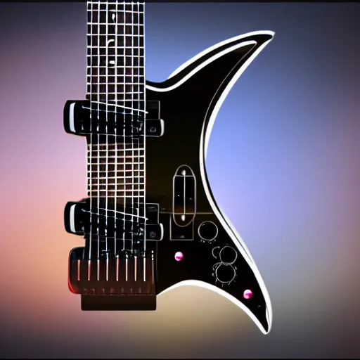 Image similar to beautiful futuristic electronic guitar high end concept, touch screen fretboard with animation, product design, dynamic lighting, high resolution, good focus