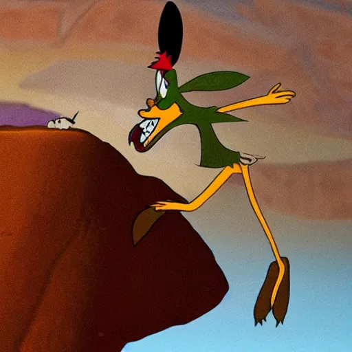 Image similar to wile e coyote eating a road runner steak on a falling boulder