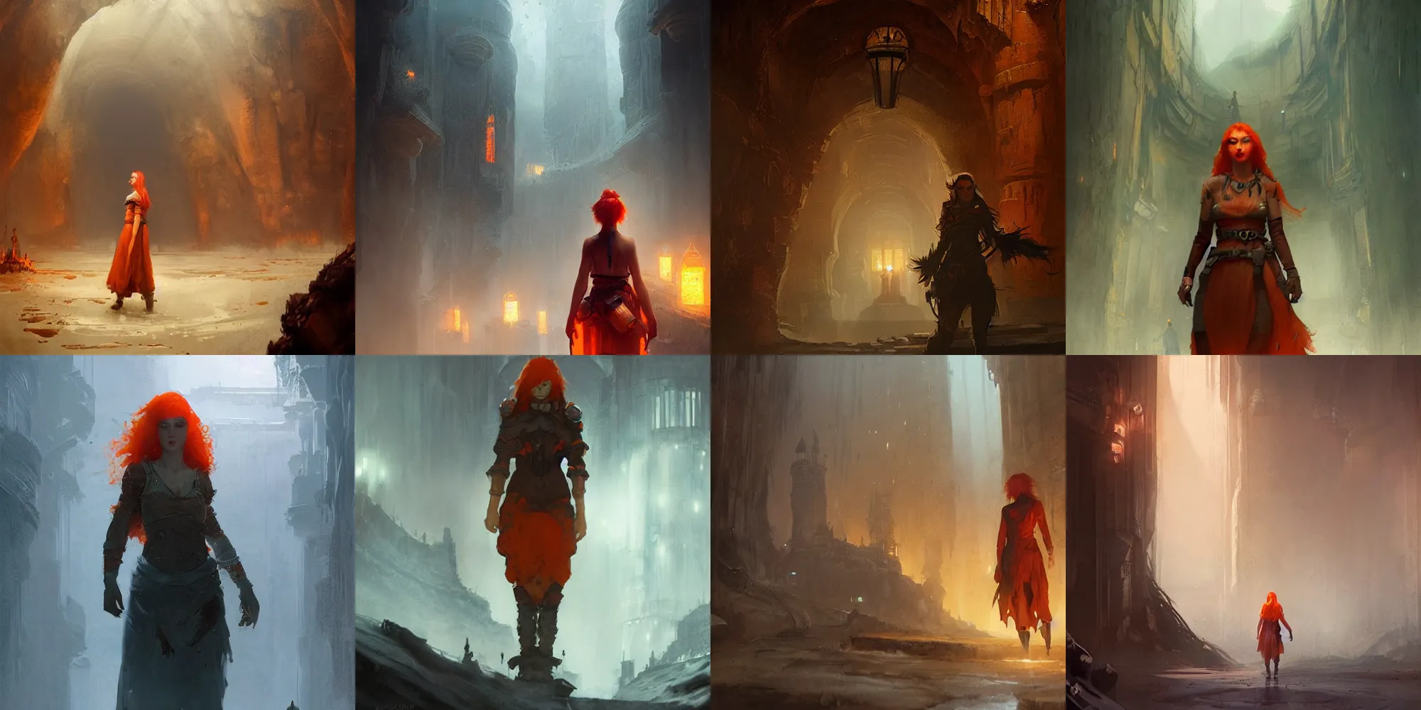 Prompt: Natalie Postman as an orange-red haired peasant in an underground city, fantasy concept art by Greg Rutkowski