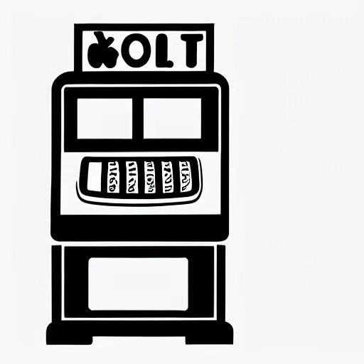 Prompt: book illustration of a slot machine, book illustration, monochromatic, white background, black and white image