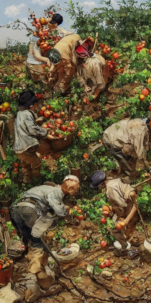 Image similar to oil painting scene from apple gardeners by kim jung gi