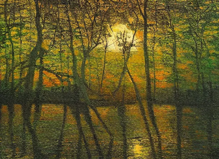 Image similar to the sun is setting over the water in the woods, painted by ralph burke tyree, pinterest, hudson river school, high dynamic range, flickering light, hdr