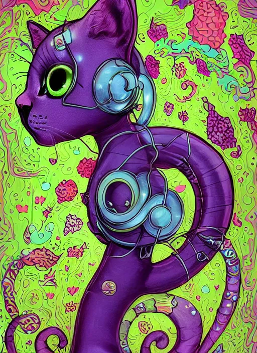 Prompt: cat seahorse fursona wearing headphones, autistic bisexual graphic designer and musician, attractive androgynous humanoid, coherent detailed minimalist character design, weirdcore voidpunk digital art by artgerm, louis wain, furaffinity, cgsociety, trending on deviantart