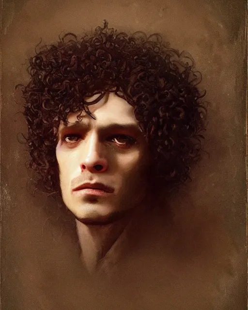 Image similar to a handsome but sinister and creepy man in layers of fear, with haunted eyes, violence in his eyes, curly hair, 1 9 7 0 s, seventies, delicate embellishments, a little blood, woodland, moonlight shining on wildflowers, painterly, crimson, offset printing technique, by alexandre cabanel