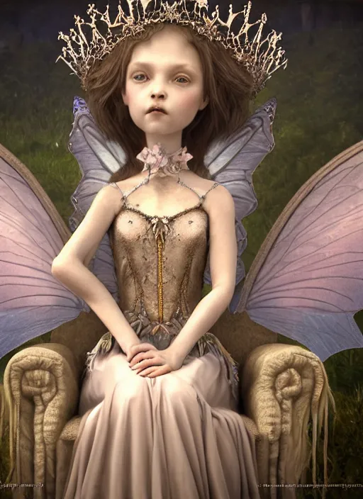 Image similar to highly detailed closeup, simple hand gestures, portrait of a gothic fairy princess wearing a crown and sitting on a throne, unreal engine, nicoletta ceccoli, mark ryden, earl norem, lostfish, global illumination, god rays, detailed and intricate environment