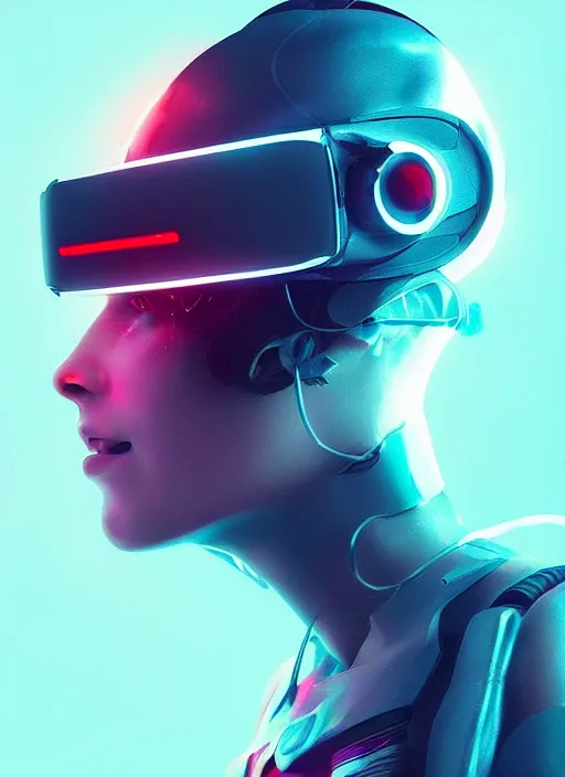 Prompt: a woman with a pair of futuristic vr helmet, cyberpunk art by ash thorp, trending on artstation, color smoke, highdetailed art, 8 k, 3 d