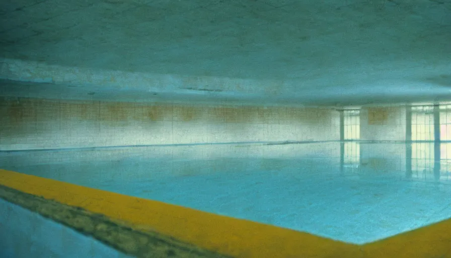 Image similar to movie still by andrei tarkovsky of an empty municipal swimmingpool with yellow tiles with light blue tiles, high quality, high detail, liminal space style