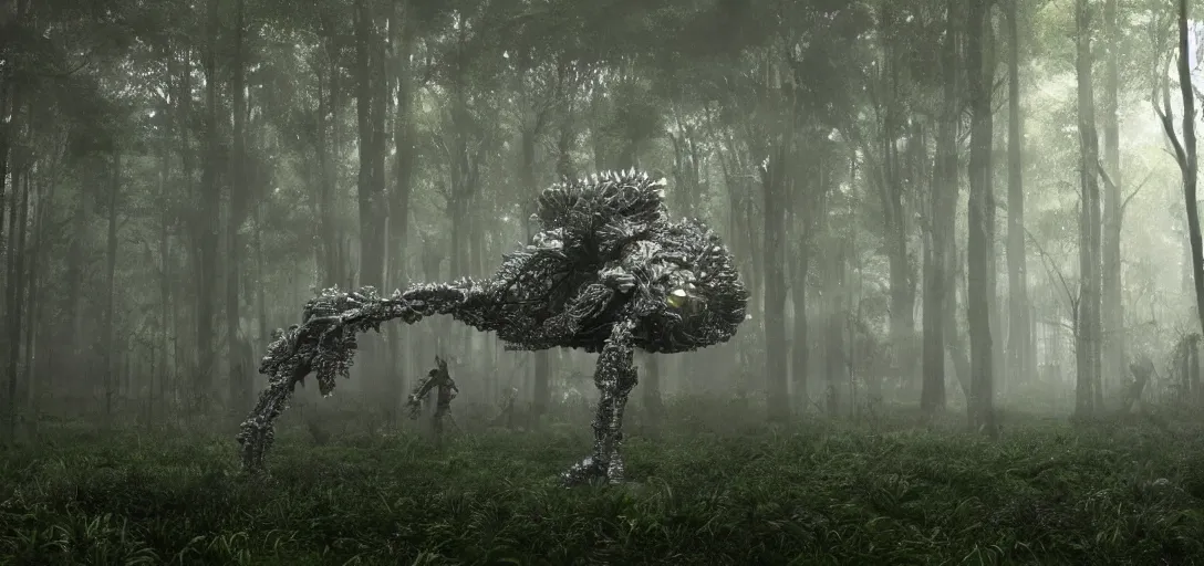 Image similar to a complex organic fractal 3 d metallic symbiotic ceramic humanoid megastructure creature in a swampy lush forest, foggy, sun rays, cinematic shot, photo still from movie by denis villeneuve