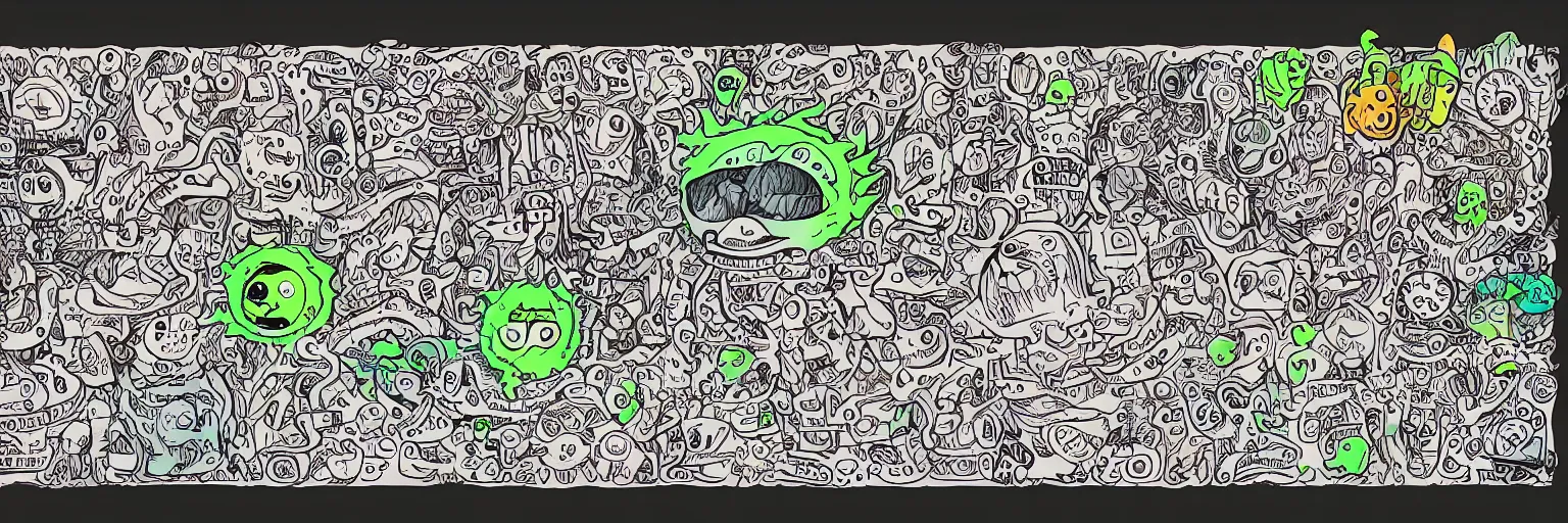 Prompt: monster colored doodle art, character sheet, fine details, concept design, colored, contrast, kerby rosanes, the doodle boy, trending on artstation, 8 k, ultra wide angle