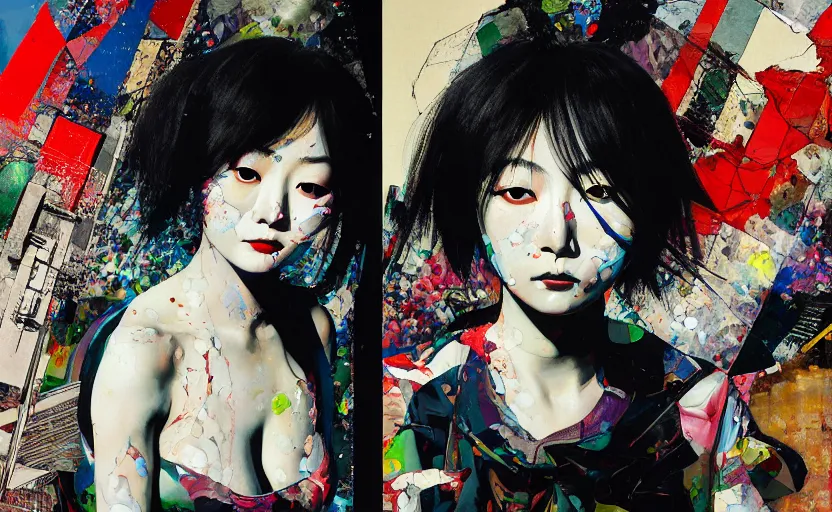 Image similar to decollage painting young japanese actress struggling in a ruined city by adrian ghenie and takato yamamoto and edward hopper and mark ryden and tsutomu nihei, part by bridget riley, acrylic pour and splashing paint, very coherent, baroque elements, perfect anatomy, intricate design. pop art.