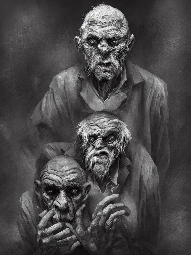 Image similar to creepy mutated old man sitting in a dark factory environment, digital black and white painting by oleg vdovenko, chuvabak, maxim verehin, flash photography, trending on artstation, character painting, digital illustration