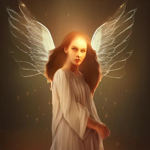 Image similar to portrait of a female angel, wings, concept art, bokeh, light mode, 3 2 k, angelic, rays of shimmering light