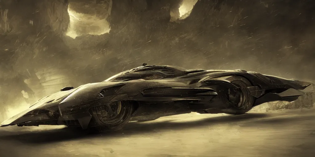 Image similar to the batmobile caught in the flow of time. octane render. 8 k. dark. atmospheric. cinematic. matte painting painted by sparth and craig mullins
