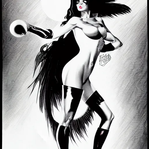 Image similar to Vampirella, Joe Jusko, Michael Whelan, artstation, pen and paper, black and white