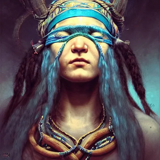 A young blindfolded shaman woman with a decorated, Stable Diffusion