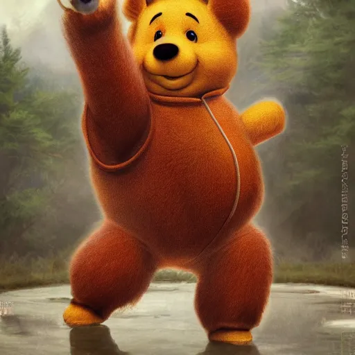 Image similar to clear portrait of xi jiping as winnie the poo, cottagecore!!, detroit hood background hyper detailed, character concept, full body, dynamic pose, elegant, intricate, highly detailed, digital painting, artstation, concept art, smooth, sharp focus, illustration, art by artgerm and greg rutkowski and alphonse mucha