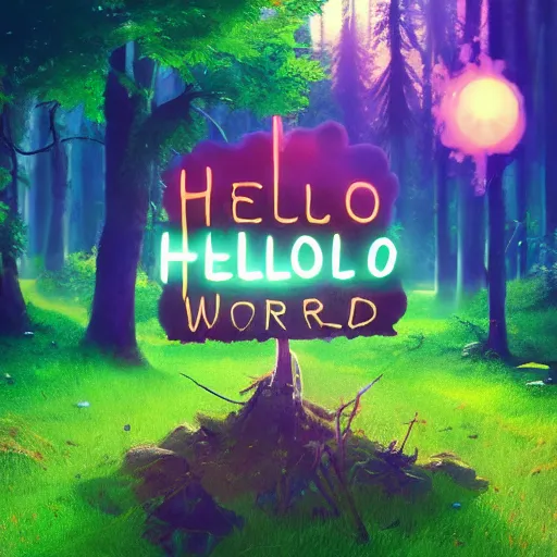 Image similar to 'Hello World' sign in a fairy forest, by Beeple, RHADS, and Greg Rutkowski, trending on artstation, unreal engine, 4k, high quality render, digital art