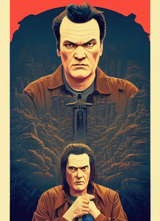 Image similar to poster artwork by Michael Whelan and Tomer Hanuka, Karol Bak of Quentin Tarantino the local video store kerk, from scene from Twin Peaks, clean, simple illustration, nostalgic, domestic, full of details