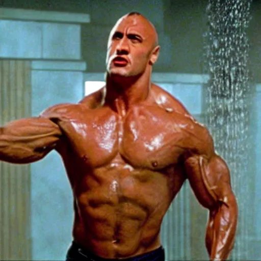 Prompt: movie still from the movie The Rock (1996), rendering of sylvester stallone in the shower room scene, cinematic,