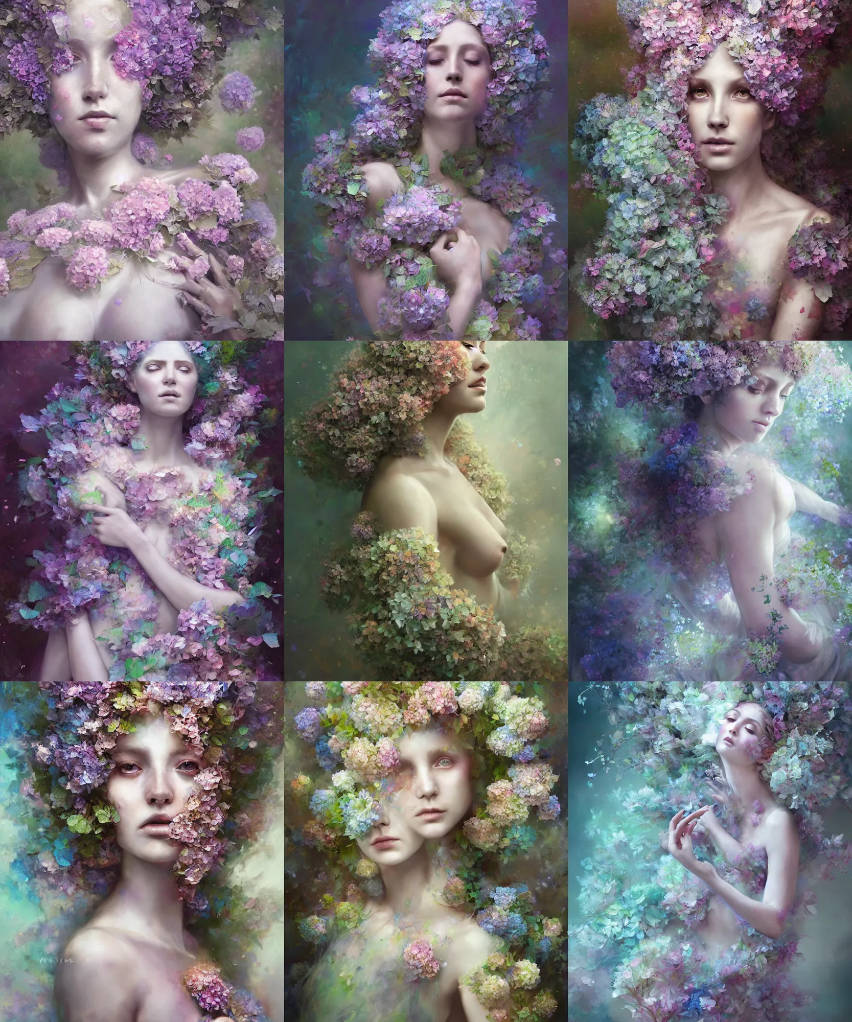 Prompt: realistic ethereal hydrangea dryad wearing beautiful dress, deity of hydrangeas made of hydrangeas, mystical, 4k digital masterpiece by Alberto Seveso and Anna Dittman, Ruan Jia, rossdraws, full view, fantasycore, Hyperdetailed, realistic oil on linen, soft lighting, Iconography background, featured on Artstation