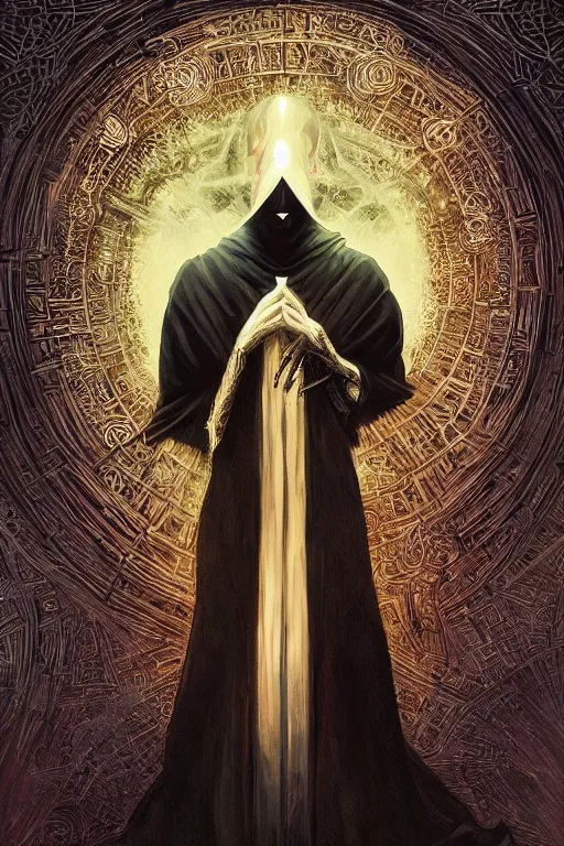 Prompt: Be Occult, a worshipper of the dark arts here for the madness, donned in an ebony cloak, fantasy, intricate, elegant, highly detailed, digital painting, artstation, ristan Eaton, victo ngai, artgerm, RHADS, ross draws