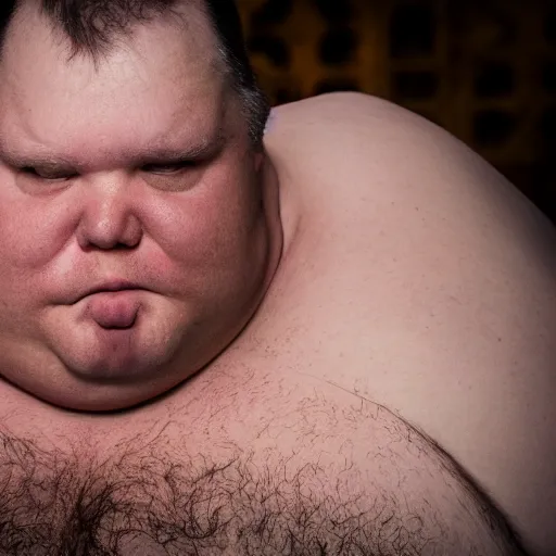 Image similar to a portrait photo of the fattest man ever, he is not happy, 5 0 mm, depth of field