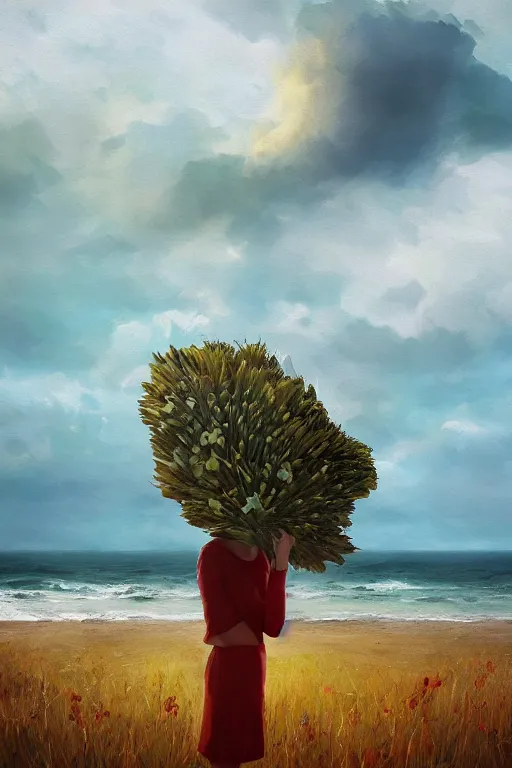 Image similar to portrait, giant flower head, a girl on beach, surreal photography, wind and cold, dramatic sky, impressionist painting, digital painting, artstation, simon stalenhag