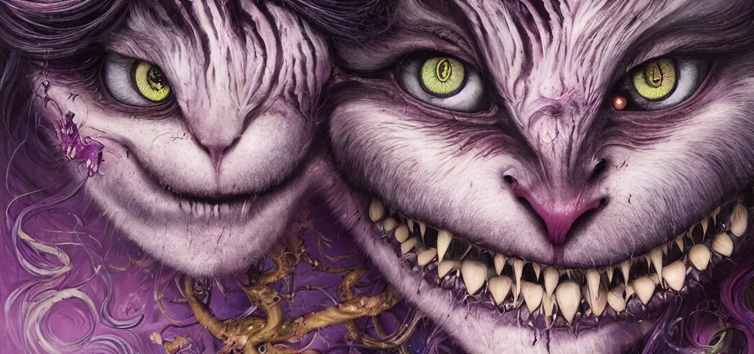 Image similar to dream portrait of Cheshire Cat from Alice in Wonderland,full character, melting ,8k,by tristan eaton,Stanley Artgermm,Tom Bagshaw,Greg Rutkowski,Carne Griffiths, Ayami Kojima, Beksinski, Giger,trending on DeviantArt,face enhance,hyper detailed,minimalist,horror, android, full of colour