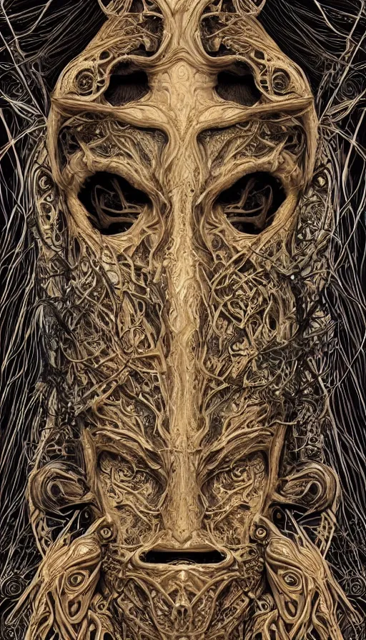 Image similar to ancient biomechanical hybrid majestic praying shaman fantasy cyber human beautiful symmetrical face mask closeup face mask tattoo pattern golden ratio concept, deep forest psytrance Neo-Gothic concept, infinity glyph swirling waves, intricate artwork masterpiece, very coherent artwork, cinematic, full frontal facial features by Artgerm, Takato Yamamoto, Zdizslaw Beksinski, Johnatan Wayshak, Moebius, H.R. Giger, Ayami Kojima, very coherent artwork, trending on cgsociety, ultra high quality model, production quality cinema model, high detail chromatic ink outline, octane render, unreal engine, 8k mandelbulber fractal, hyper realism, high detail, octane render, unreal engine, 8k, High contrast, highly detailed black ink outline