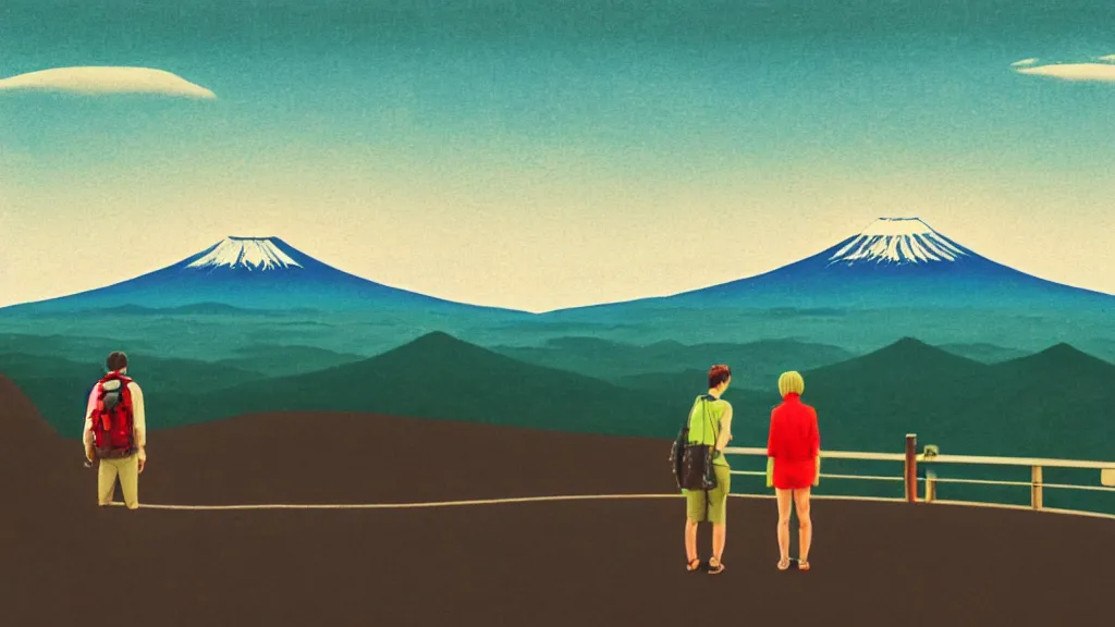 Image similar to a scene of two travellers and their camper touring overlook at the edge of yamanaka lake, reflecting mount fuji and a dramatic sky, japan, a collage painting, in the style of wes anderson, lola dupre, david hockney, isolated on negative white space background dark monochrome neon spraypaint accents volumetric octane render